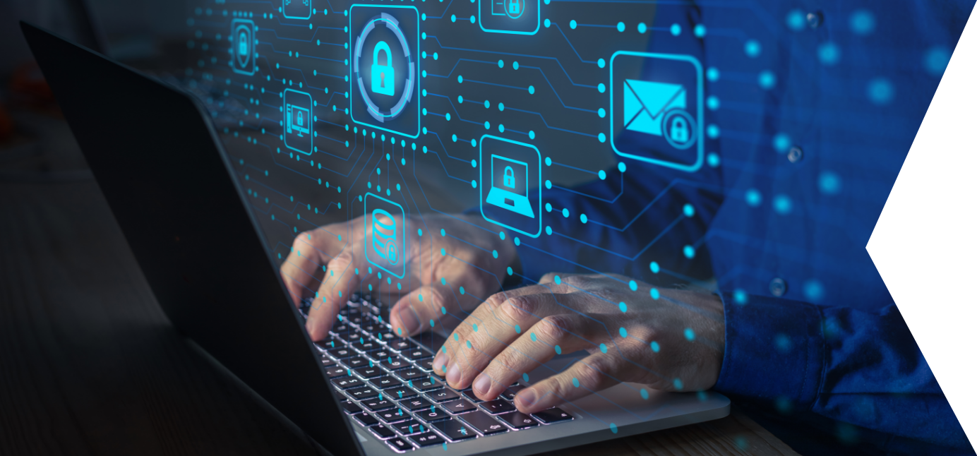 A photo of hands working on a laptop with a holographic projection of a security screen