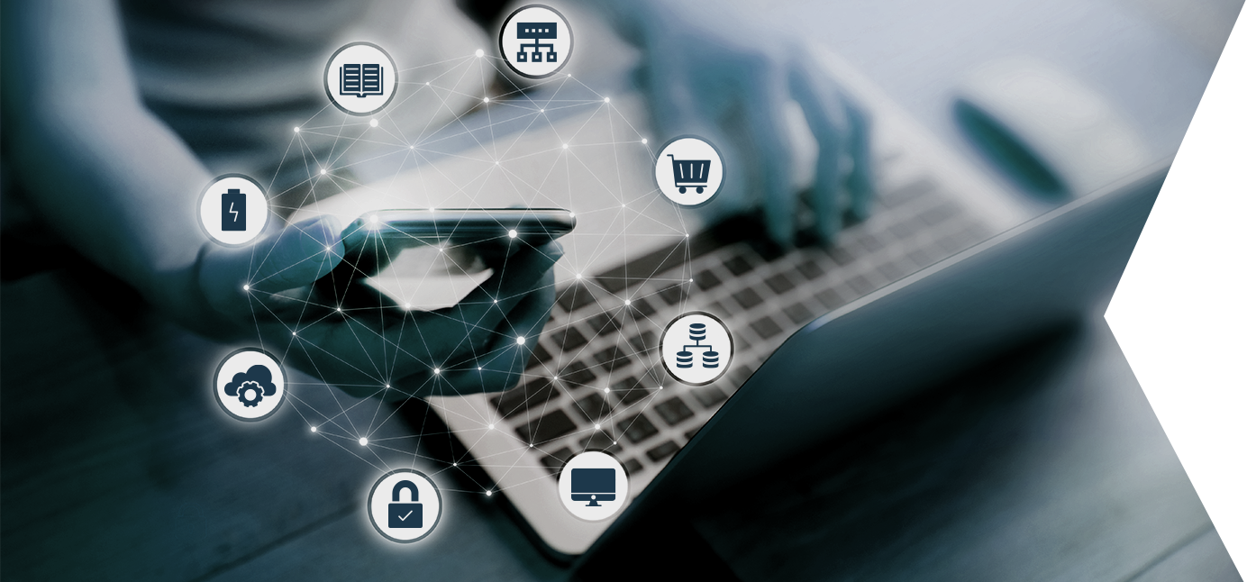 A stylized image of a person browsing a phone and computer with an overlay of icons denoting services shared between them