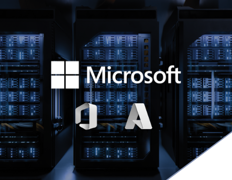 A server room with logos for Microsoft Cloud Applications